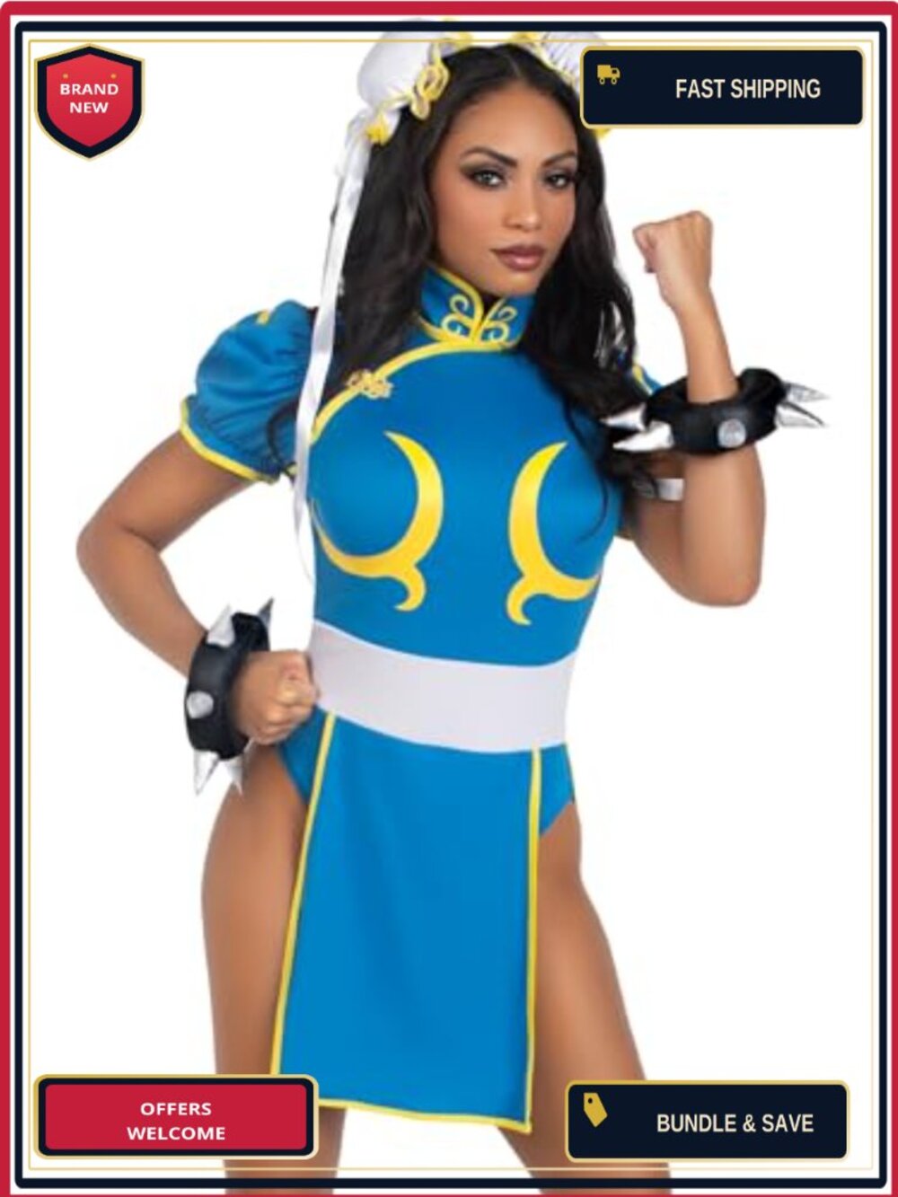 Street Fighter Chun Li Costume Romper Dress Bun Covers Wrist Cuffs